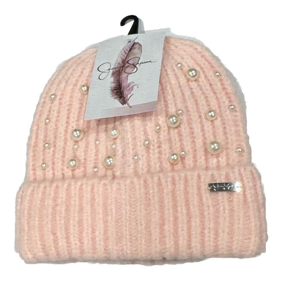 Jessica Simpson Luxe Pink Beanie Faux Pearls Adult One Size NWT Winter Hat